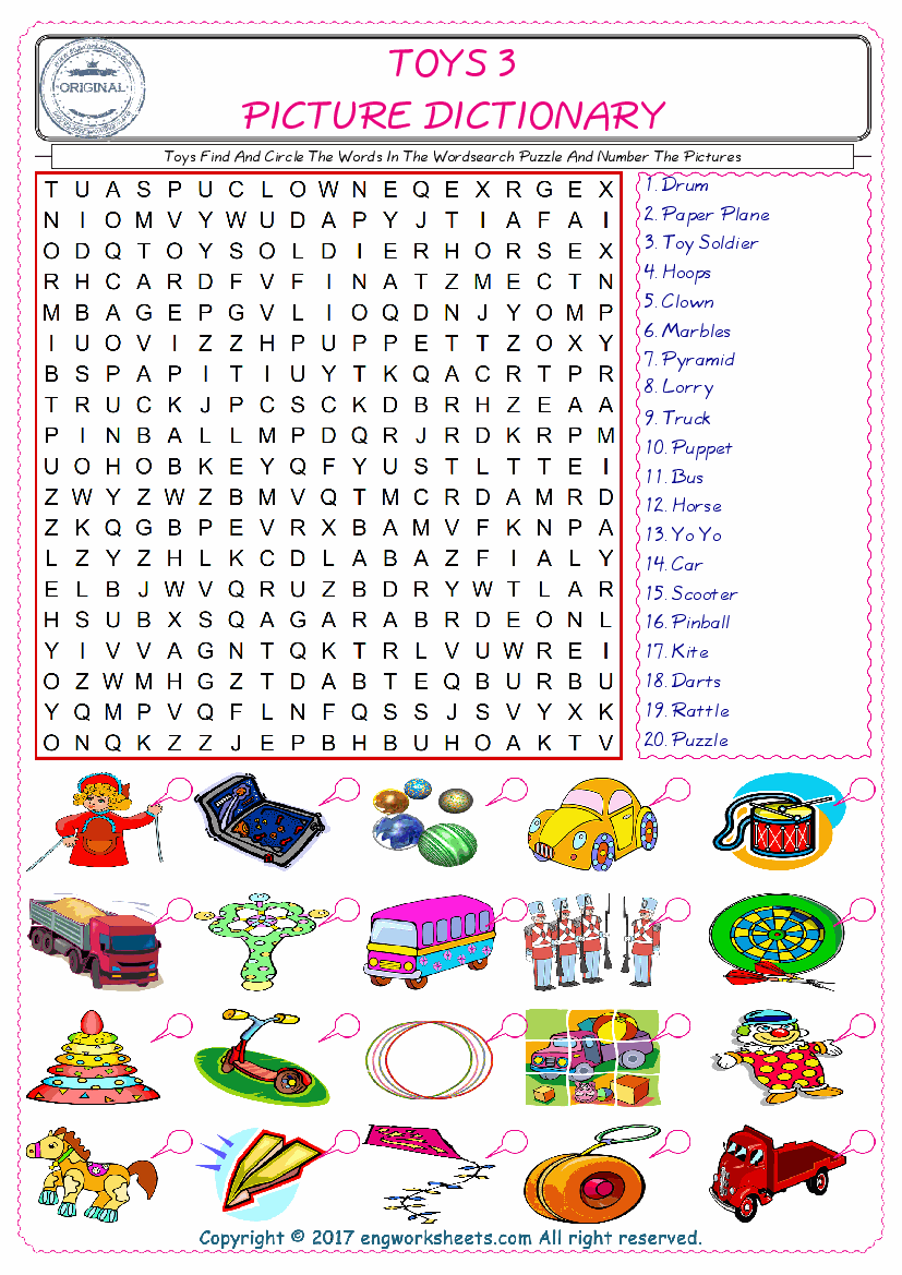  ESL wordsearch worksheets for kids, find Toys words in the word wordsearch write its number on its picture English worksheet. 